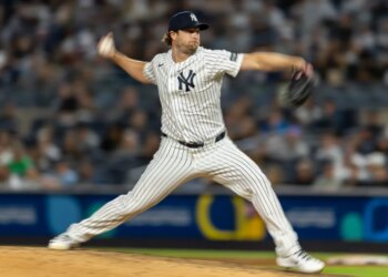 Gerrit Cole throws a pitch in the sixth inning against the Tampa Bay Rays at Yankee Stadium, Friday, May 22, 2026, in Bronx, NY.