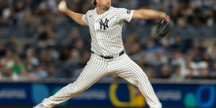 Gerrit Cole throws a pitch in the sixth inning against the Tampa Bay Rays at Yankee Stadium, Friday, May 22, 2026, in Bronx, NY.
