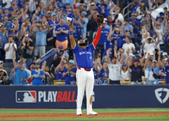 Vladimir Guerrero Jr. #27 of the Toronto Blue Jays reacts after the final out of the 9th inning of Game 2 of the 2025 ALDS.
