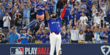 Vladimir Guerrero Jr. #27 of the Toronto Blue Jays reacts after the final out of the 9th inning of Game 2 of the 2025 ALDS.