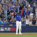 Vladimir Guerrero Jr. #27 of the Toronto Blue Jays reacts after the final out of the 9th inning of Game 2 of the 2025 ALDS.