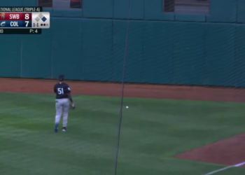 Yanquiel Fernandez walks to get the ball, causing an inside the park homerun.