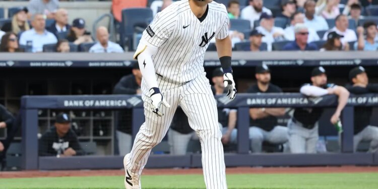 Spencer Jones hits a solo home run during the second inning of the Yankees blowout win over the White Sox on June 16, 2026 at the Stadium.