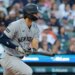 Spencer Jones hits a single during the Yankees' win over the Tigers on June 23, 2026 in Detroit.