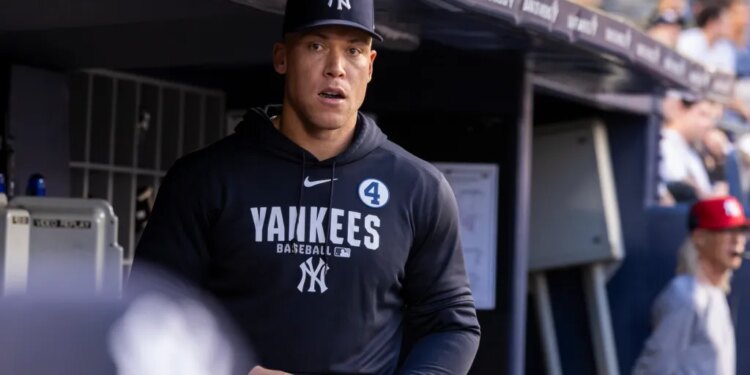 New York Yankees right fielder Aaron Judge (99) looks on in the dugout in the fourth inning against the Cleveland Guardians at Yankee Stadium, Tuesday, June 2, 2026, in Bronx, NY.