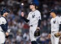 New York Yankees pitcher Cam Schlittler (31) is pulled in the fifth inning against the Cleveland Guardians at Yankee Stadium, Tuesday, June 2, 2026, in Bronx, NY.