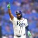 Tampa Bay Rays third baseman Junior Caminero (13) celebrates a home run.