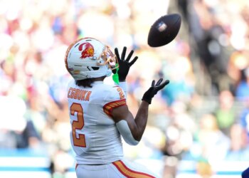 Tampa Bay Buccaneers wide receiver Emeka Egbuka (2) makes a catch during the second half of an NFL football game against the Seattle Seahawks, Sunday, Oct. 5, 2025, in Seattle. (AP Photo/Maddy Grassy)