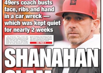 Front page of the California Post with the headline "SHANAHAN SLAM" about 49ers coach Kyle Shanahan's car wreck injuries.