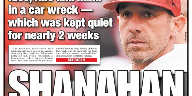 Front page of the California Post with the headline "SHANAHAN SLAM" about 49ers coach Kyle Shanahan's car wreck injuries.