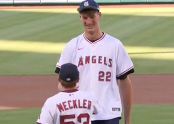 UC Irving center Olivier Rioux at Angels game before tossing out first pitch