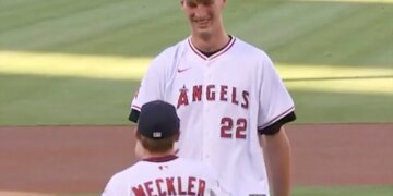 UC Irving center Olivier Rioux at Angels game before tossing out first pitch