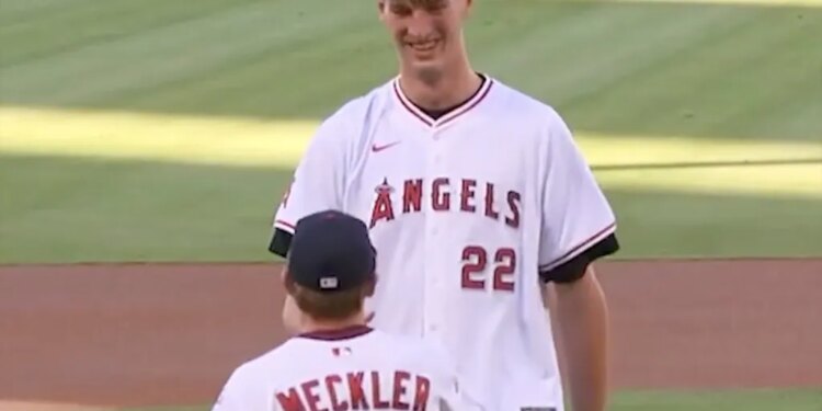 UC Irving center Olivier Rioux at Angels game before tossing out first pitch