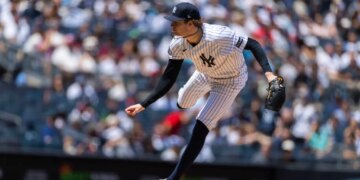 New York Yankees pitcher Cam Schlittler (31) throws a pitch in the first inning against the Boston Red Sox at Yankee Stadium.