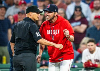 Jun 30, 2026; Boston, Massachusetts, USA; Interim manager Chad Tracy argues with umpire Vic Carapazza after an altercation in the fourth inning against the Washington Nationals at Fenway Park. Mandatory Credit: Jaiden Tripi-Imagn Images