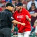 Jun 30, 2026; Boston, Massachusetts, USA; Interim manager Chad Tracy argues with umpire Vic Carapazza after an altercation in the fourth inning against the Washington Nationals at Fenway Park. Mandatory Credit: Jaiden Tripi-Imagn Images