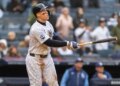 New York Yankees right fielder Aaron Judge (99) hits a walk-off two-run home run in the 9th inning against the Tampa Bay Rays.