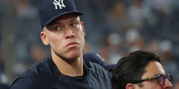 Aaron Judge in the Yankees' dugout during their loss to the Tigers on June 30, 2026.