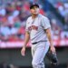 Ranger Suarez, Boston Red Sox pitcher, walks toward the dugout after the first inning of a game.