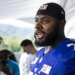 Giants star offensive tackle Andrew Thomas talks to the media during the team's training camp practice on July 20, 2026 in White Sulpher Spring, W.Va.
