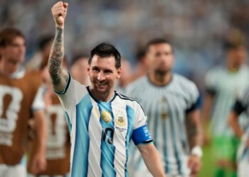 Argentina's Lionel Messi celebrates after the World Cup round of 32 soccer match against Cape Verde in Miami Gardens, Fla., Friday, July 3, 2026.