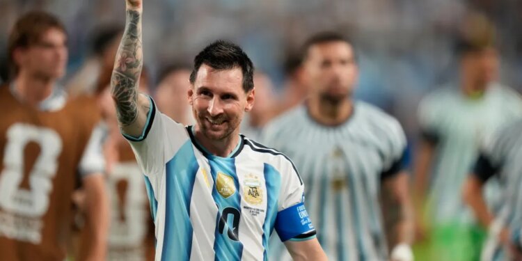 Argentina's Lionel Messi celebrates after the World Cup round of 32 soccer match against Cape Verde in Miami Gardens, Fla., Friday, July 3, 2026.