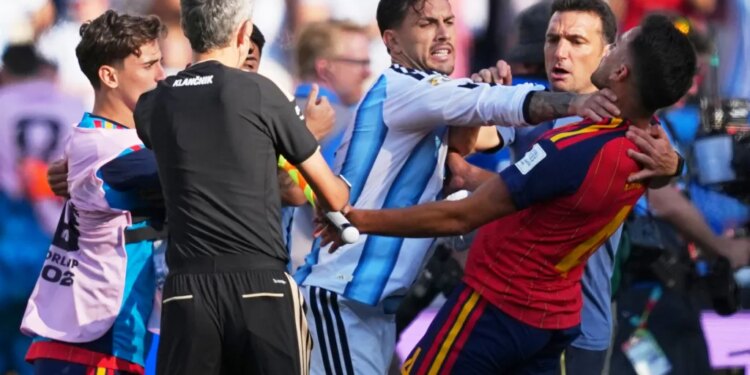 Soccer players from Spain and Argentina brawling during the World Cup final.