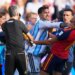 Soccer players from Spain and Argentina brawling during the World Cup final.