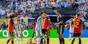 Referee Slavko Vincic shows Argentina midfielder Enzo Fernandez a red card during the FIFA World Cup 2026 Final match against Spain.