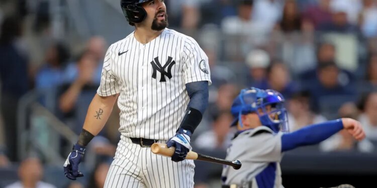 New York Yankees catcher Austin Wells (28) reacts after striking out.