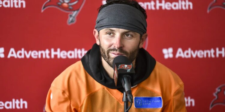 Baker Mayfield speaks to reporters at Buccaneers training camp on July 30, 2026.