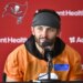 Baker Mayfield speaks to reporters at Buccaneers training camp on July 30, 2026.