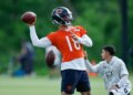 Jun 11, 2026; Lake Forest, IL, USA; Chicago Bears quarterback Caleb Williams (18) looks to pass the ball during Minicamp at Halas Hall.