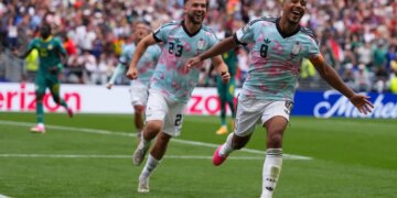 Youri Tielemans (8) celebrates after scoring the game-winning goal on a penalty kick in extra time of Belgium's 3-2 win over Senegal in round of 32 action at the World Cup in Seattle.