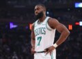 Jaylen Brown poses during a playoff game against the Knicks.