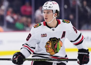 Connor Bedard playing during an NHL hockey game.