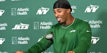 Breece Hall of the New York Jets at a press conference.