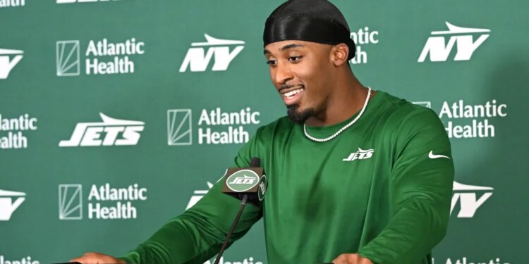 Breece Hall of the New York Jets at a press conference.