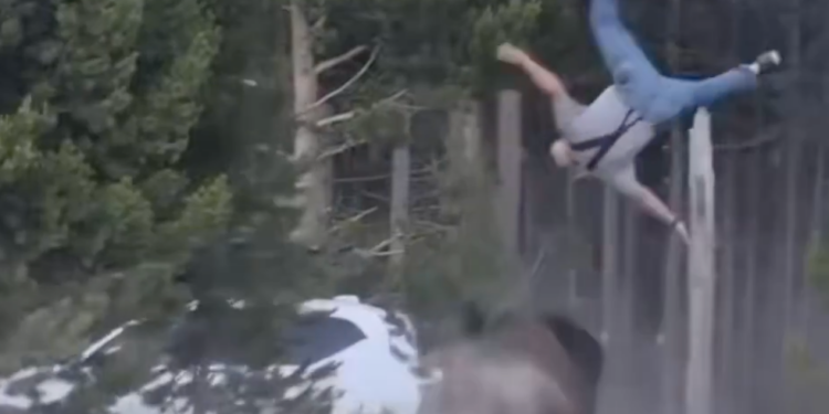 A bison flipping a man into the air at Yellowstone National Park.