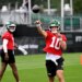 Jets rookie quarterback Cade Klubnik (10) throws a pass at training camp on July 30, 2026.