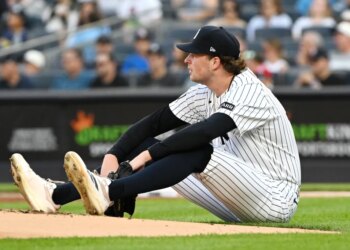 Yankees pitcher Cam Schlittler reacts after giving up a two-run home run.