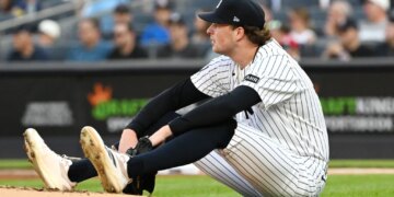 Yankees pitcher Cam Schlittler reacts after giving up a two-run home run.