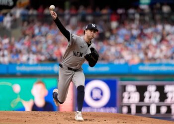 New York Yankees' Cam Schlittler pitches during the first inning of a baseball game against the Philadelphia Phillies Friday, July 24, 2026, in Philadelphia.