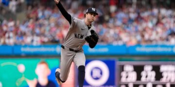 New York Yankees' Cam Schlittler pitches during the first inning of a baseball game against the Philadelphia Phillies Friday, July 24, 2026, in Philadelphia.