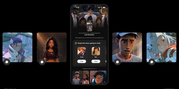 A mockup of Character.AI’s series tab in which the user is being asked if they would like to chat with a character from a show.