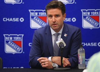 Chris Drury, President and General Manager of the New York Rangers, speaks at a press conference.