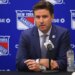 Chris Drury, President and General Manager of the New York Rangers, speaks at a press conference.
