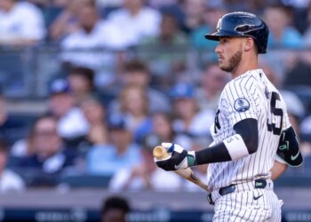 New York Yankees left fielder Cody Bellinger reacting after striking out swinging.