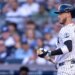 New York Yankees left fielder Cody Bellinger reacting after striking out swinging.