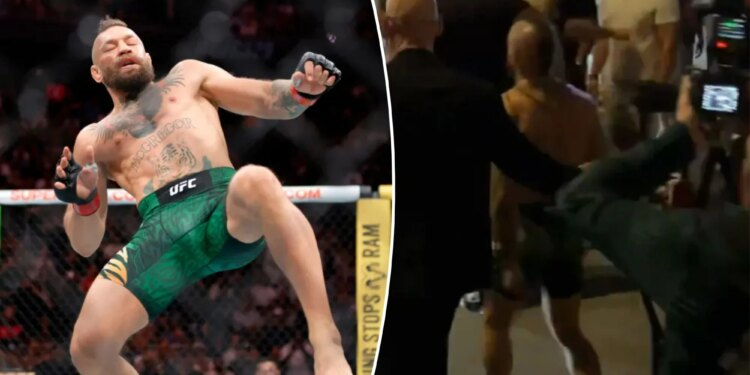 Conor McGregor bolts out of arena barefoot after brutal knee injury at UFC 329